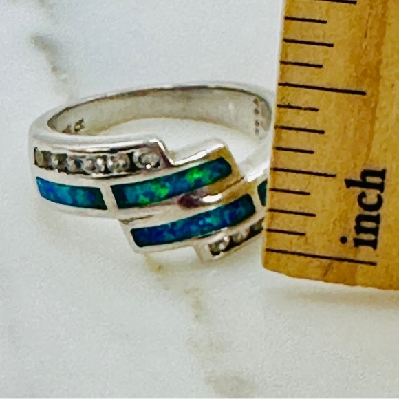 Sterling Silver Ring Created Opal CZ Accent Size 6 Crossover Blue Green 925 Mark - Picture 9 of 11